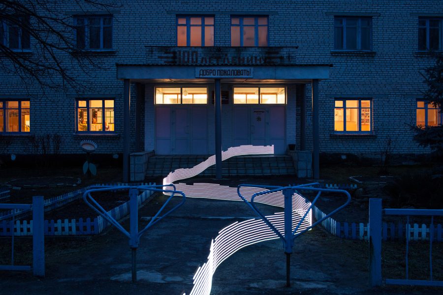 A special light painting tool displays radiation levels in real-time at a school in Starye Bobovichi. Here white light shows contamination levels between 0.16uSv/h and 0.26uSv/h. 30 years after the 1986 Chernobyl nuclear disaster, the schoolyard still contains areas of elevated radiation levels.